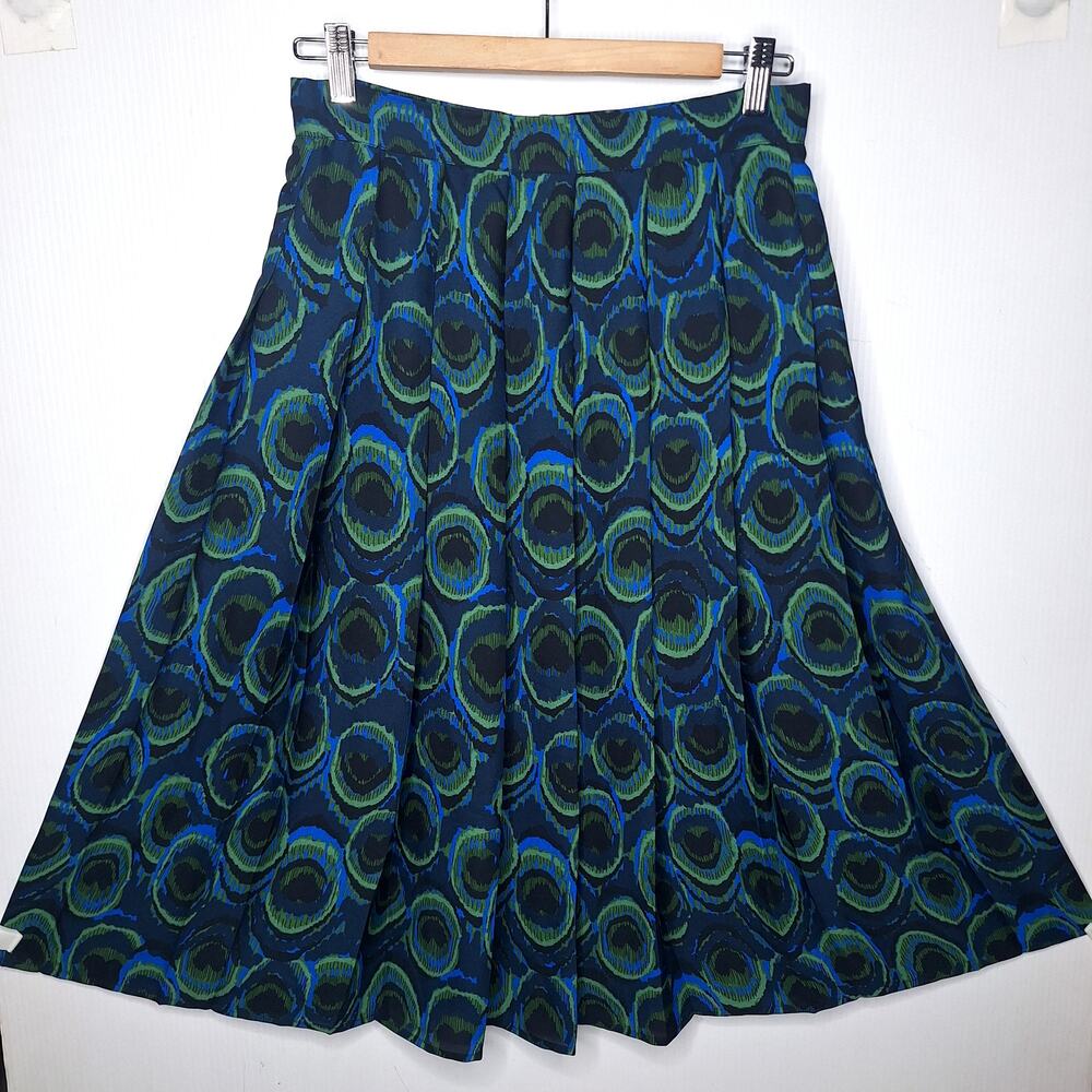 Modcloth Pleated Peacock Feather Midi Skirt 6 Novelty Print Teacher Art Deco